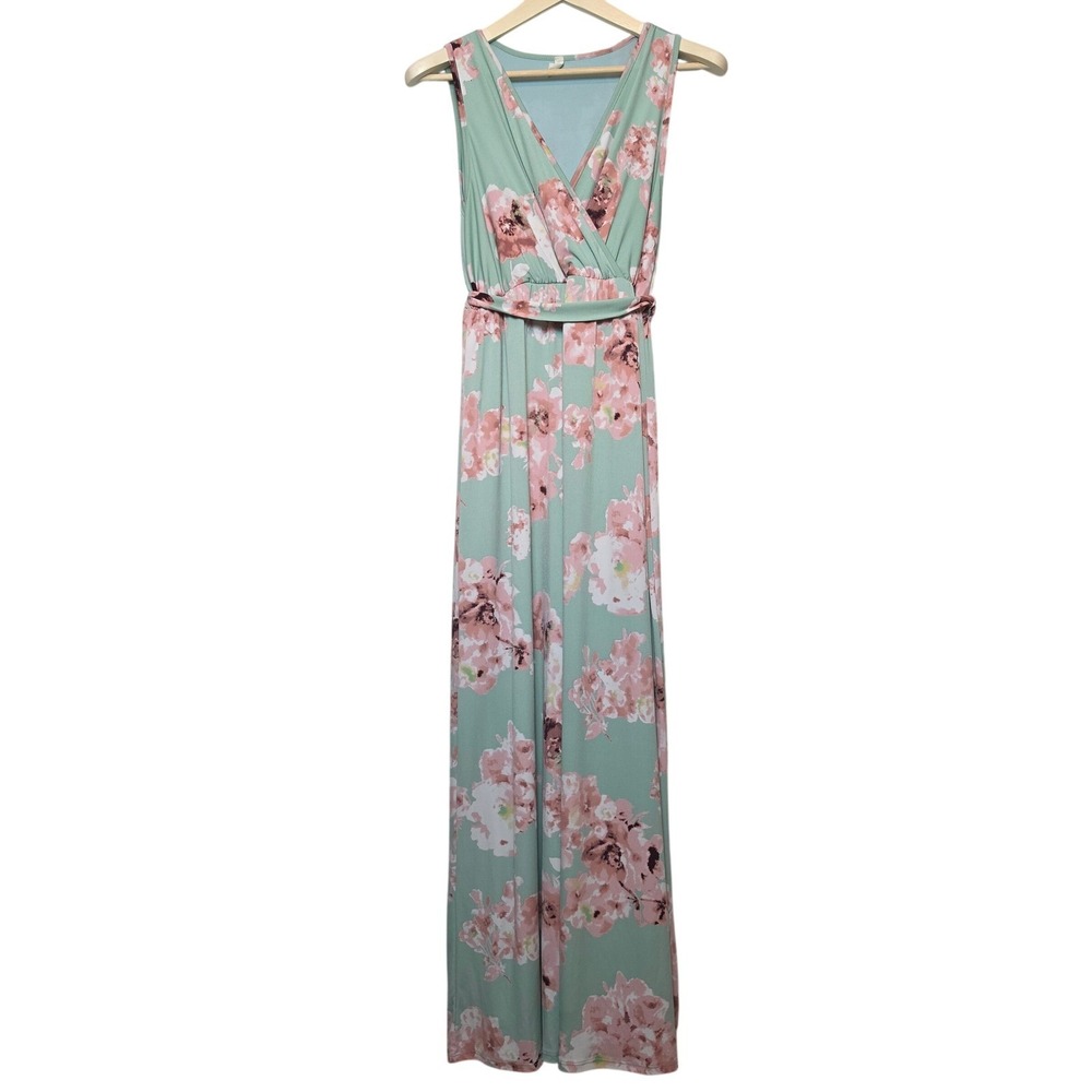 Pinkblush Floral Print Sleeveless V-Neck Maxi Dress Mint Green Pink Size Small